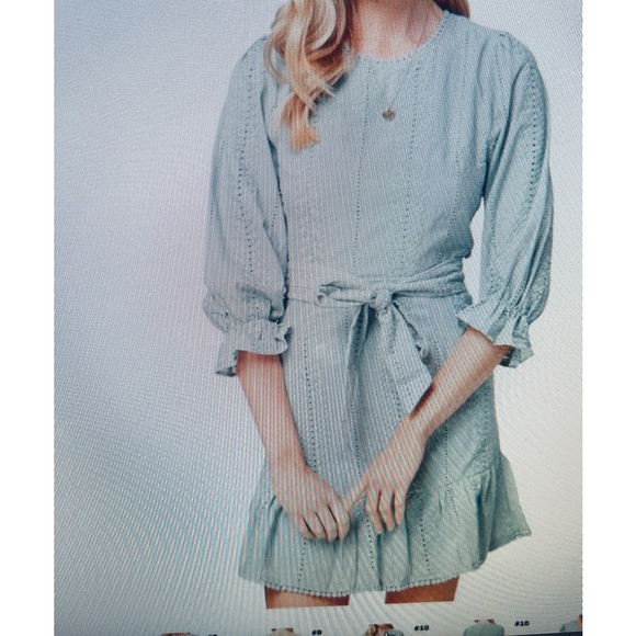 Eyelet Backless Mini Dress w/ round neckline and puff sleeves. Teal color - Picture 2 of 8